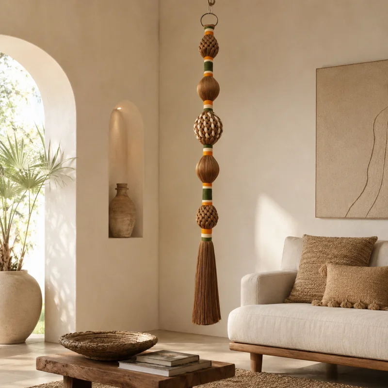 Handmade Macrame Wall Hanging Chic Woven Ball Tassel Long Hanging Fringe Decor For Living Room Entryway Home Decoration