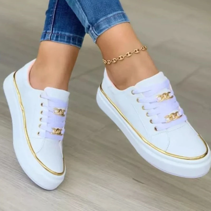 Zapatos vulcanizados de talla grande para mujer, zapatillas bajas con plataforma de estilo deportivo, de cuero, con cordones, antideslizantes, informales