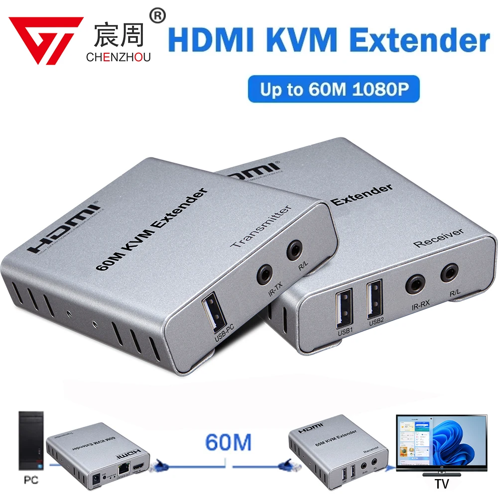 

USB KVM HDMI Extender Over CAT5E/6 RJ45 60M 1080p 60Hz HDMI Transmitter Receiver Converter With IR Control PC To TV Monitor