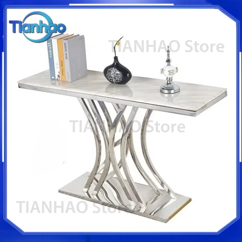 Light Luxury Stainless Steel Metal Entrance Table with Marble Slate Top for Wall-Mounted Entry Hall Use
