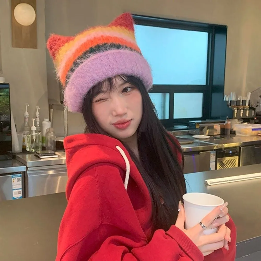 Sweet Colored Cat Ears Pullover Hat Gradient Rainbow Woolen Knitted Hat Y2k Ear Protection Women Beanie Hat Girls