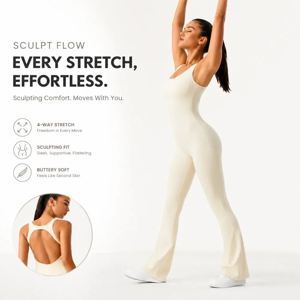 Women Flare Bodysuit Open Back Stretchy Shapewear Workout Tank Top Gym Activewear Breathable Comfy Flattering Fitness New
