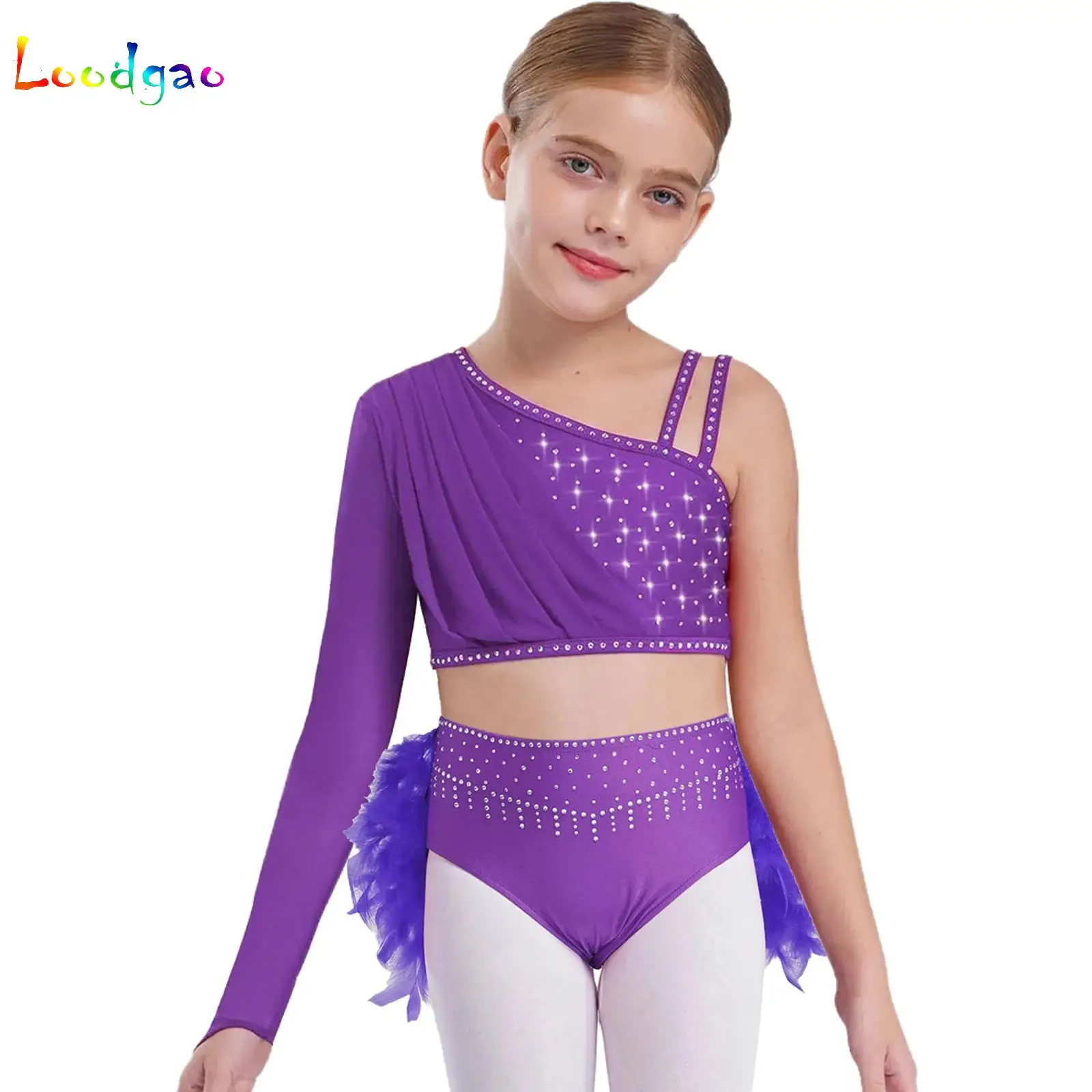 

Kids Girls Ballet Dance Sets Rhinestones Gymnastics Tops Irregular Shoulder Crop Top with Briefs Suit Stage Performance Costume
