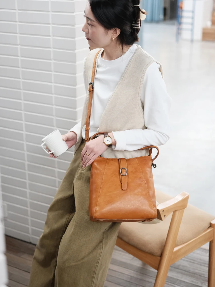 

casual vintage organizer handmade vegetable tanned cowhide handbag daily commuting work genuine leather shoulder crossbody bag