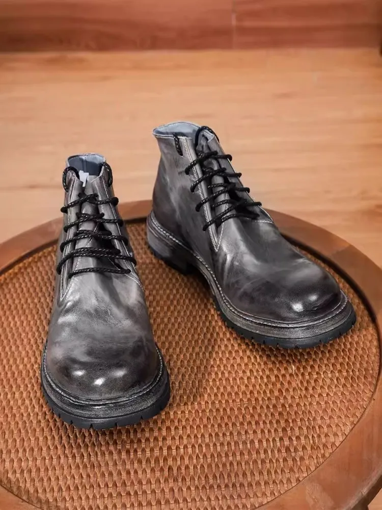 Vintatge Horsehide Genuine Leather Boots Men Lace Up Handmade High Top Motorcycle Shoes Thick Bottom Casual Mens Short Boots