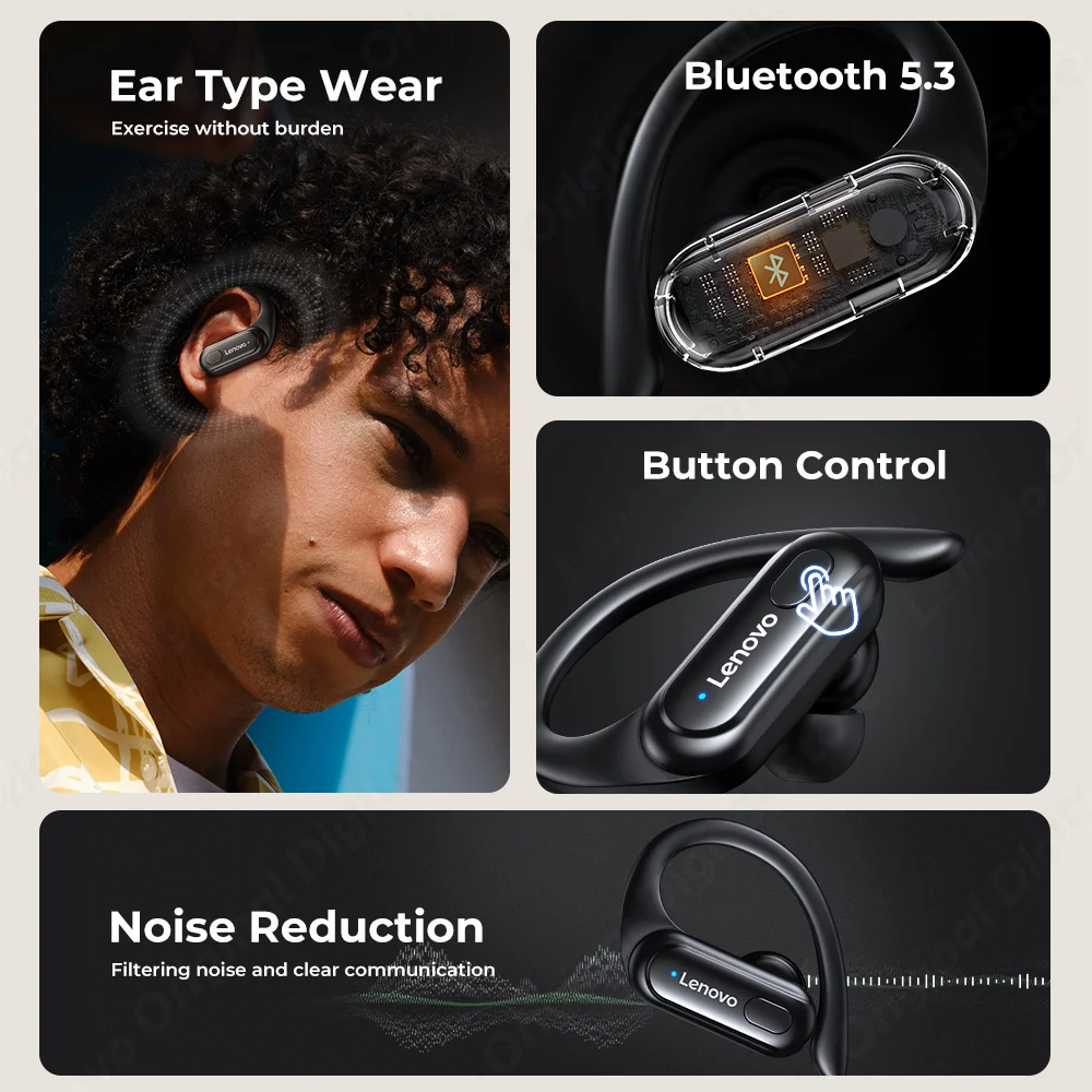 Lenovo XT60 bezdrátový sluchátko chytrý hluk redukce nízko latence ear-clip bluetooth-compatible 5.3 hifi řádný bezdrátový sluchátko