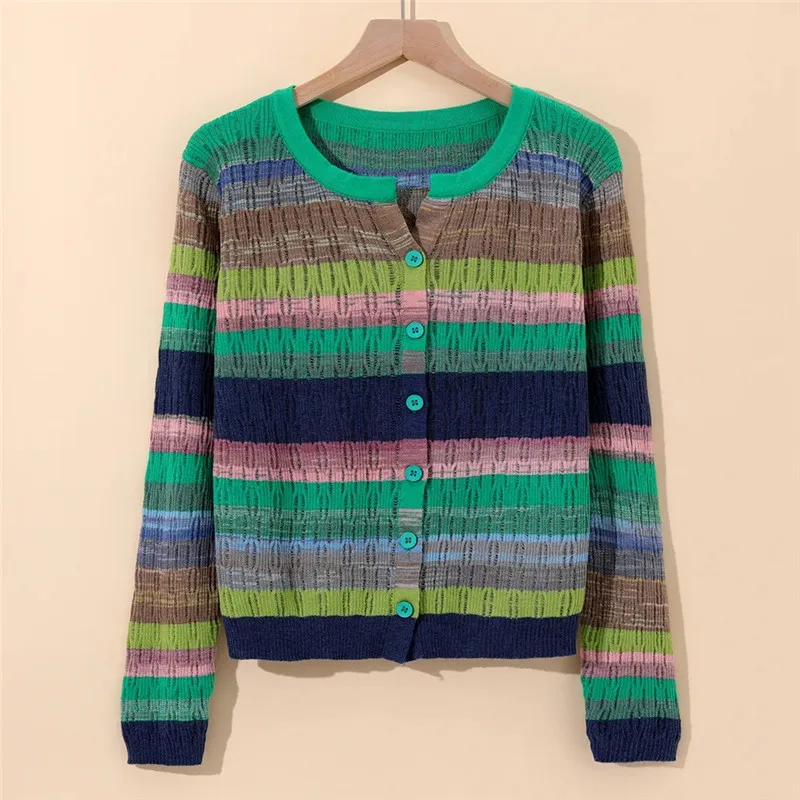 Fashion Knitted Cardigan Sweater For Women 2024 New Spring Autumn Color Striped Long Sleeved V-Neck Knitwear Female Top Jacket