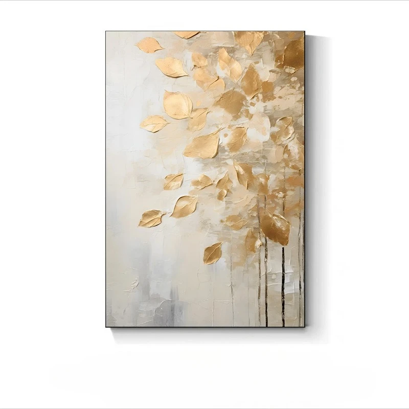 

Pure hand-painted, oil painting, light luxury, thick texture, golden leaves, decorative painting