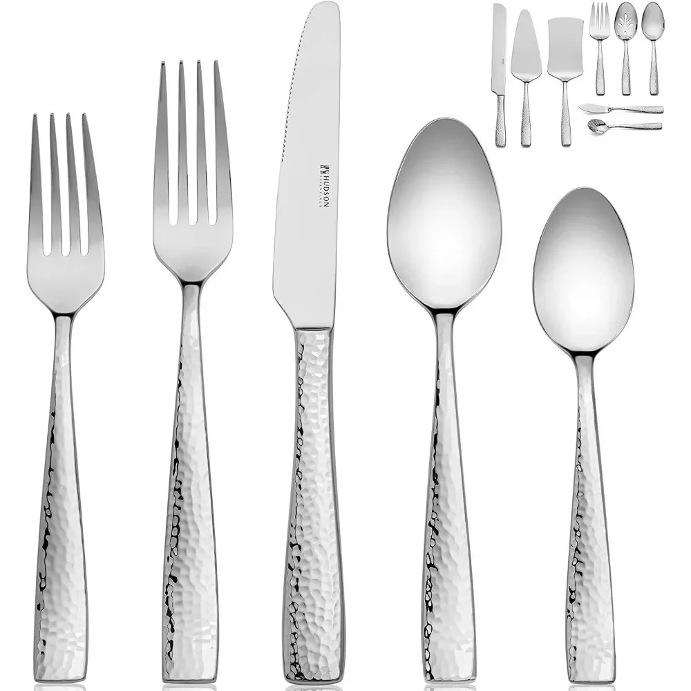 68-Piece Hammered 18/10 Stainless Steel Silverware Cutlery Set with Serving Set