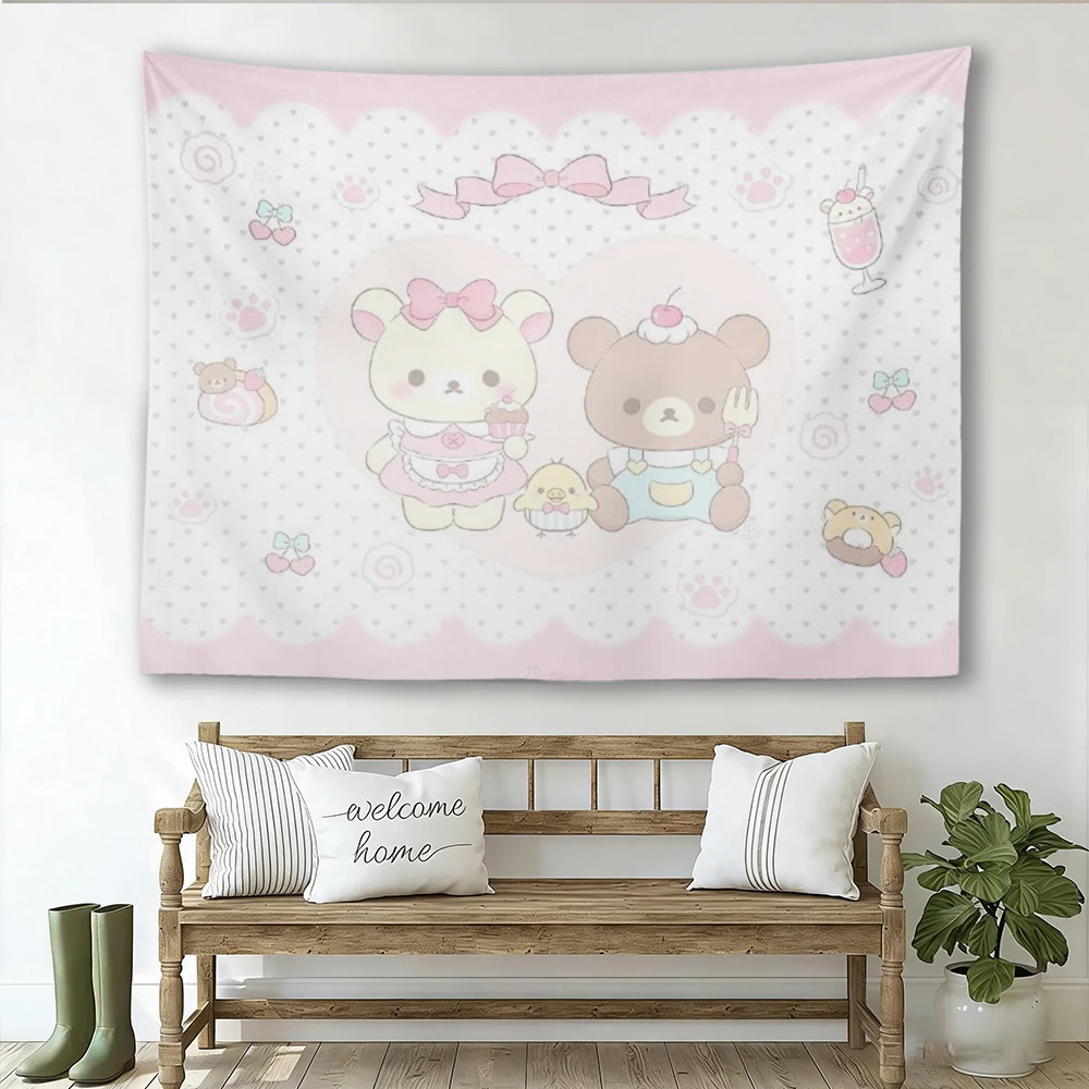 Kawaii R-Rilakkuma Cafe Tapestry, Bear & Friends Wall Art, Pink Heart Pattern Bedroom Decor