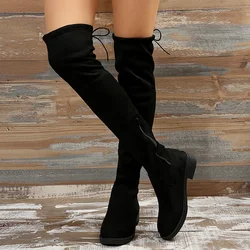 Moda Slim Over The Knee Boots Kobiety Jesień Zima Krótkie Pluszowe Długie Buty Kobieta Czarny Flock Niski Obcas Udo Wysokie Botas Duży Rozmiar