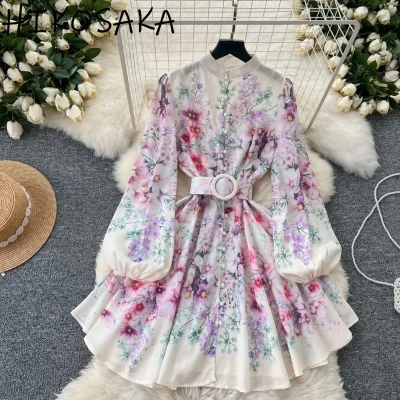 Stand Collar Single Breasted Lantern Sleeve Casual Dress Belt Slim Waist Big Swing Robe Fresh Floral Print Vintage Vestidos