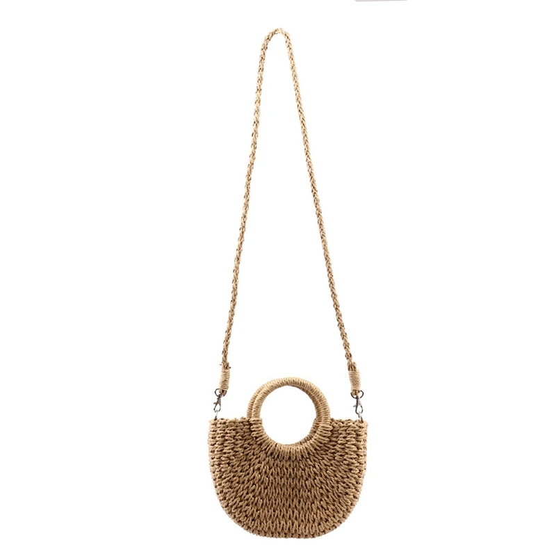 

2X Straw Woven Bag Handmade Rattan Woven Vintage Retro Straw Rope Knitted Women Crossbody Handbag With Ring Brown