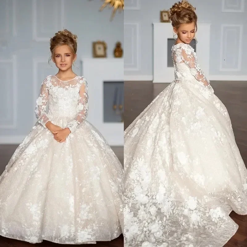 Abiti da ragazza di fiori in pizzo con scollo a O lungo fino al pavimento A-LINE Princess Pageant Kids Girl Wedding Birthday Party Abito da prima comunione