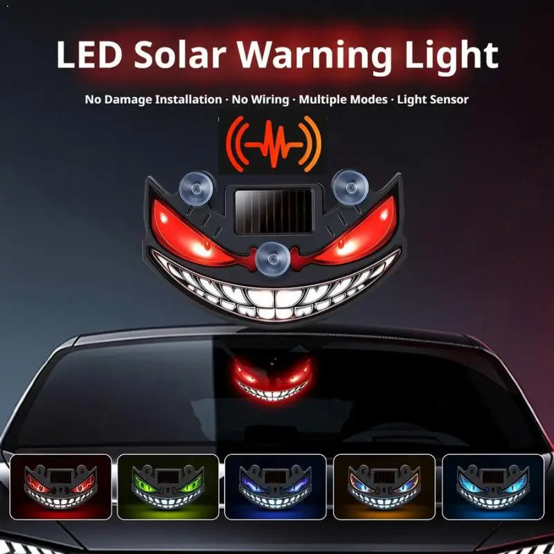 Auto Light Sensor Solar LED Devil's Face Car Warning Strobe Light MultiColor Flashing Safety Lamp Suction Cup Windshield Install