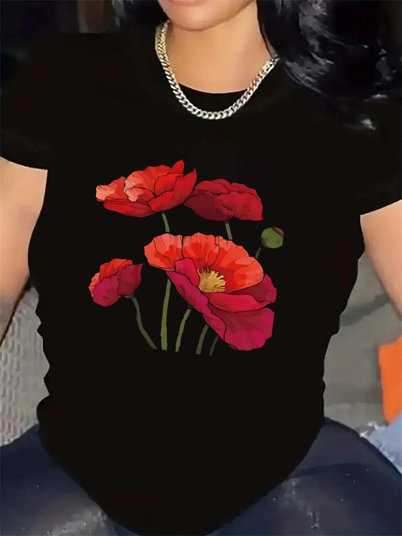 Short Sleeve T-Shirt with Red Poppy Flower Design Harajuku Sleeve Casual T-shirt Clothing Street Tops Tees Aesthetic Clothes