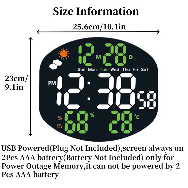 Weather Station Large Digital Wall Clock TEMP Humidity Date Week Night Mode Table Clock 2 Alarm 12/24H USB LED Alarm Clock