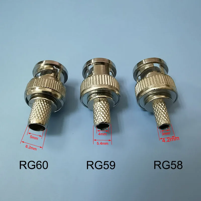 Conector tipo crimp macho BNC, plugue adaptador para áudio CCTV, acoplador fêmea BNC, RG58, RG59, cabo RG60, 10pcs