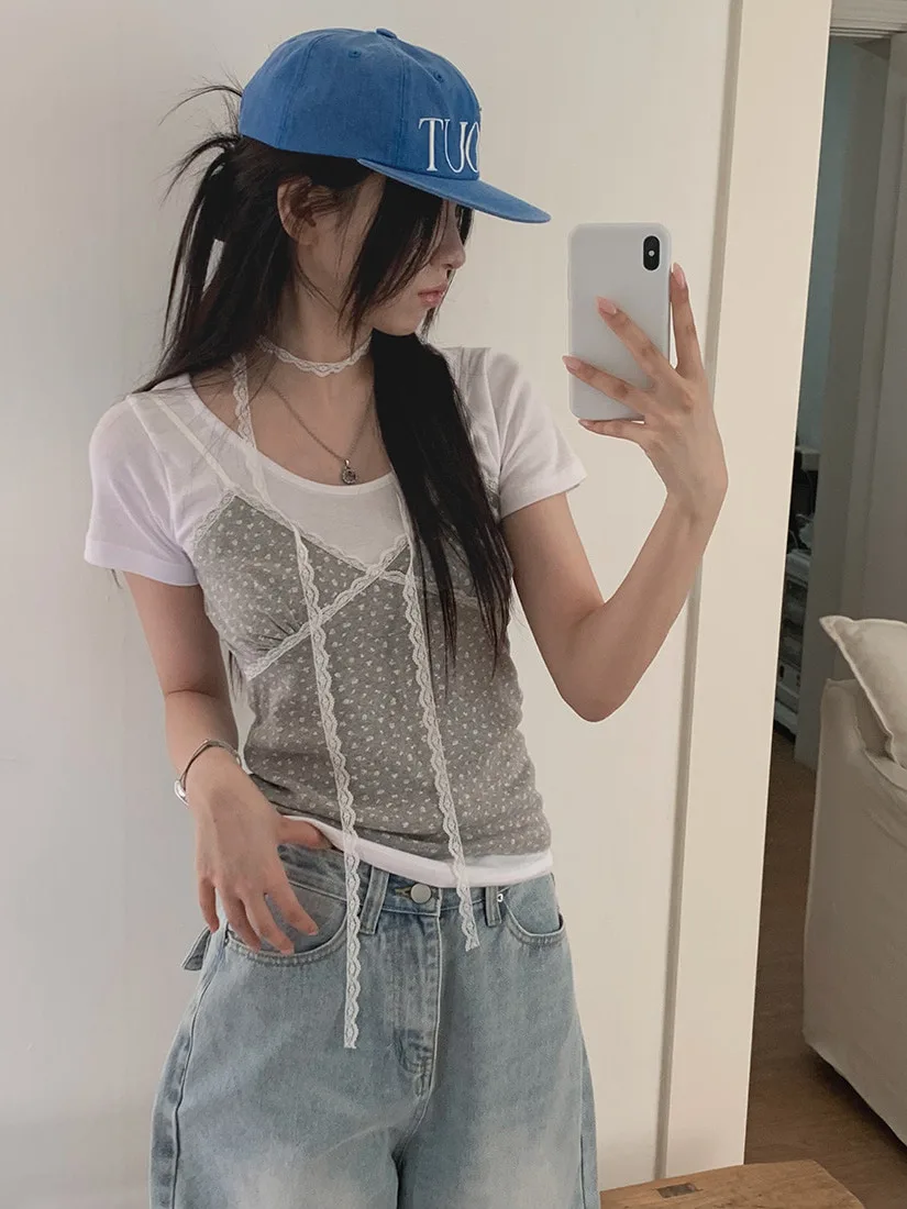 

Chic Lace Trim Floral Print ter Ne Sexy Slimming Women's Tank Top Trendy Cotton Commute Sle Summer Faion Top