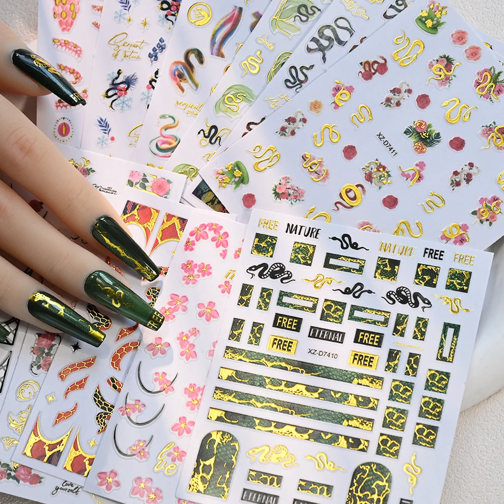 12Pcs 3D French Snake Print Nail Stickers Chinese Luxurious Peony Flower Nail Decal elf-Adhesive Sexy Leopard Snake Nail Slider