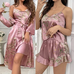 Satin 4PCS Pajamas Spring Summer Robe Set Sleepwear Intimate Lingerie Cherry Printed Nightgown Sexy Bathrobe Loose Home Clothes