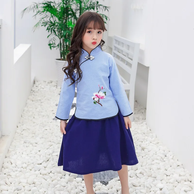 Girls Hanfu Improved Tang Suit Cotton Dress girl baby Retro Top Pant set of Chinese style Children's Clothing Ancient Rich Famil