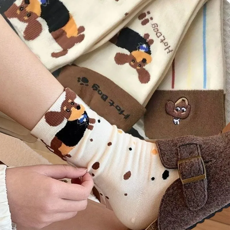 

1/4pairs Cute Dog Socks Mid Calf Absorb Sweat Sock for Women Sausage Retro Cartoon Animal Design Stripe Flipped Edge Casual Sock