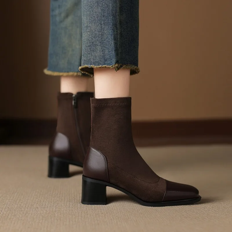 2027 Fashion Winter Women Ankle Boots Autumn Shoes Stretch Fabric High Heels Casual Square Toe Warm Short Boots 33-43