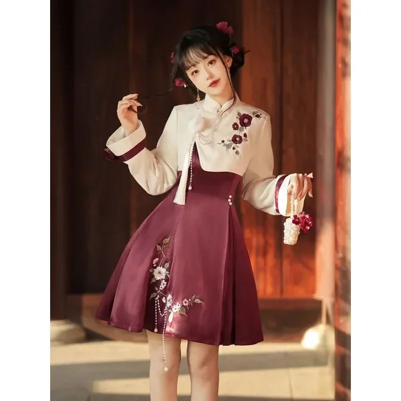 2023 Herfst Vintage Bordeaux Rose Borduren Lange Mouw Lolita Jurken 2 Stuks Vrouwen Verbeteren Chinese Stijl Hanfu Party Jurken