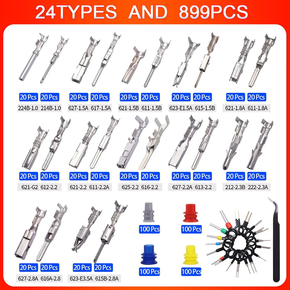 24 Arten 900-teiliges Automobil-Steckverbinder-Set 1-3,5 mm Stecker und Buchsen Nicht Isolierte Kabelklemmen-Set Kit und Crimpwerkzeug – Detail 2