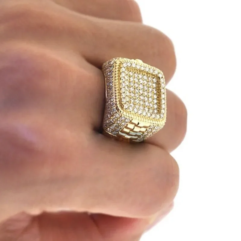 Punkboy Hot Sale Men\'s Gold Color Ring for Party Full Bling Iced Out Cubic Micro Paved CZ Crystal Luxury Hip Hop Rings Jewelry