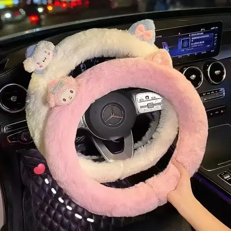 Sanrio Car Steering Wheel Cover Anime Kawaii My Melody Accessories Cartoon Car Warm Plush Handlebar Cover Cute Decoration Gift