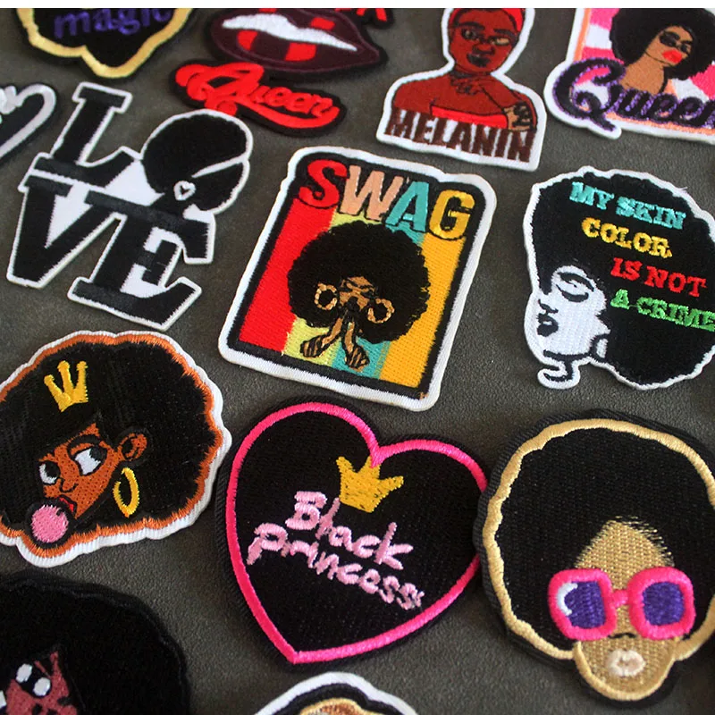 Cartoon Fashion Black Girl Patches For Clothing Iron On DIY African America Girl Badges Embroidery Jackets Sticker 21 Pcs/Lot