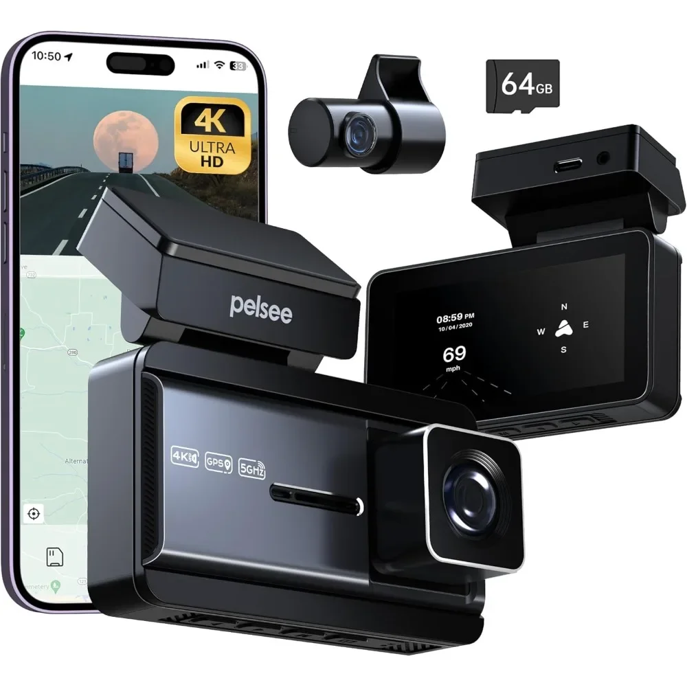 4K Dash Cam Front and Rear, 64GB SD Card, 4K+1080P Dual Dash Camera for Cars with Wi-Fi, GPS, ADAS, BSD