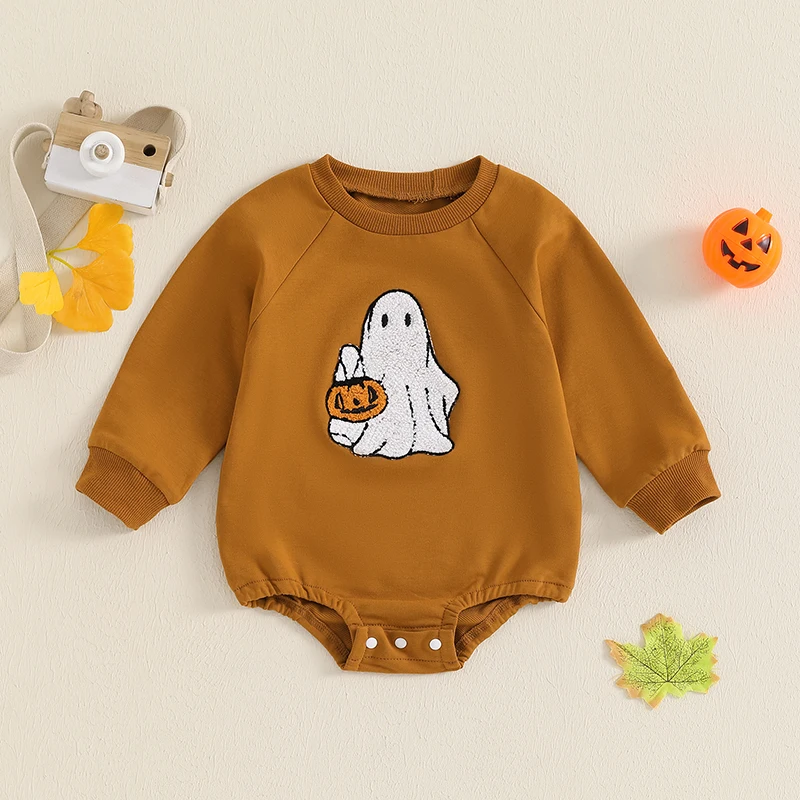 Baby Halloween Casual Romper Long Sleeve O Neck Ghost Embroidery Sweatshirt Romper