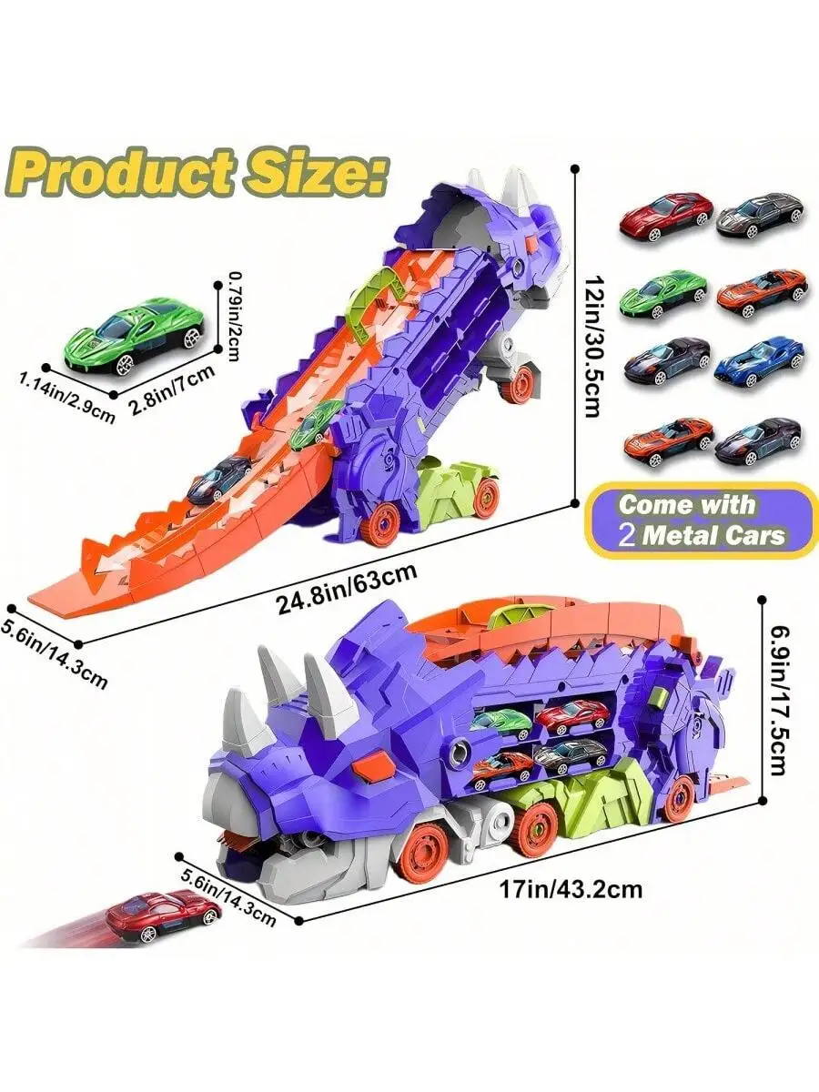 New product folding dinosaur Transporter Car Toys competitive game roll to eat & store die-cast cars（Come with2 Metal Cars）