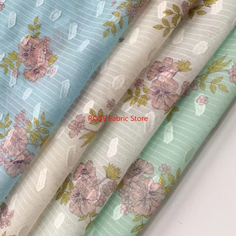 블라우스, 레이스 탑, 봄 드레스, 비치 드레스용 화려한 꽃 패턴 스트라이프 자카드 쉬폰 원단