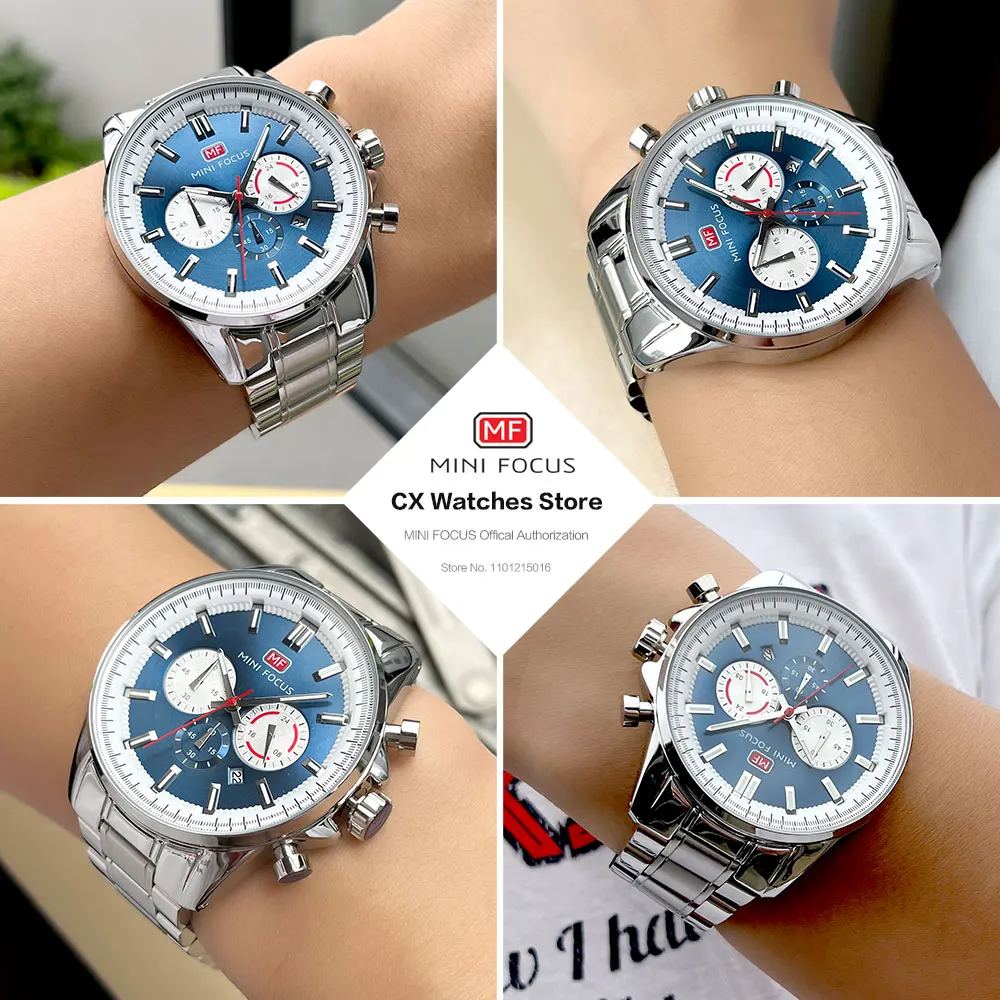 MINI FOCUS Chronograph Quartz Watch Men Silver Blue Waterproof Luminous Dress Wristwatch with Date Stainless Steel Strap 0469