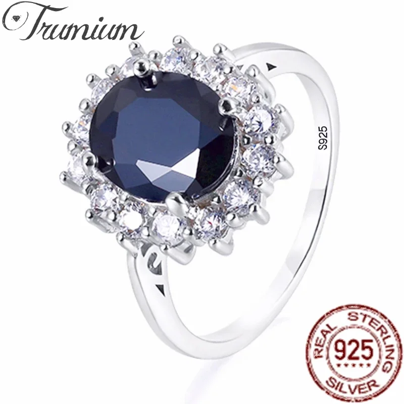 Pierścionek Trumium 3ct Diana ze srebra próby 925 z czarnym kamieniem w oprawie halo, owalny luksusowy pierścionek zaręczynowy dla kobiet, biżuteria z charakterem.