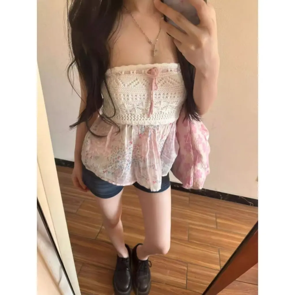 

Women's Crocheted Flower-print Sleeveless Top Sweet Spicy Pure Style Slimming Chic Summer All-match Short Beautiful Vest