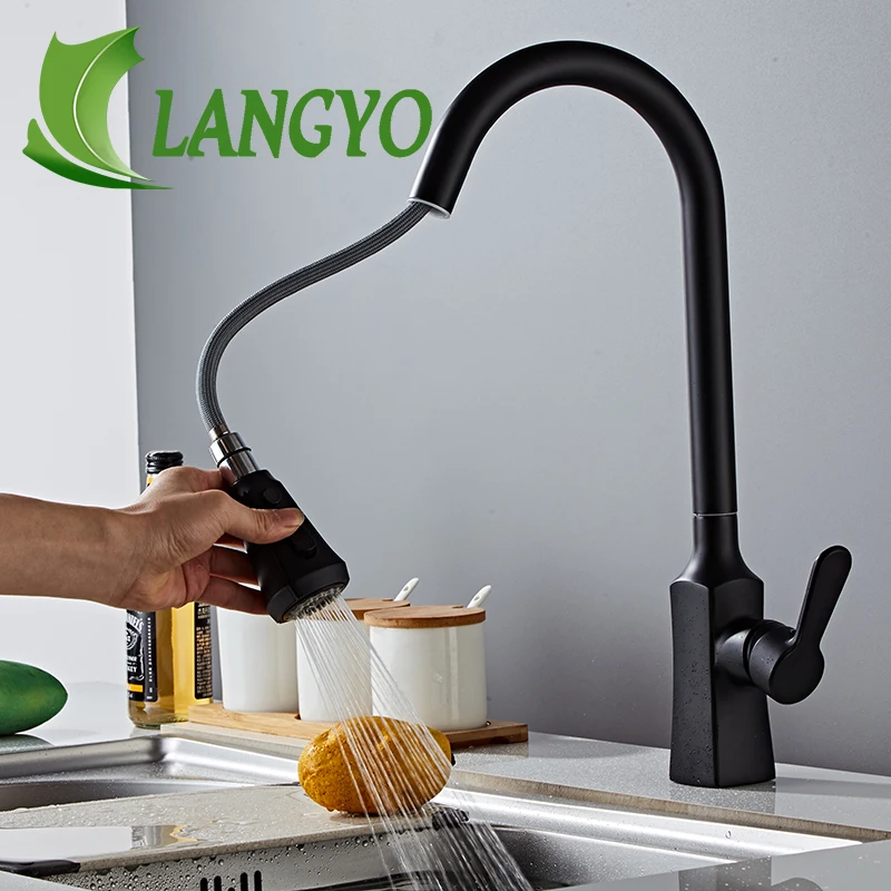 

LANGYO Black&Chrome Kitchen Vessel Sink Swivel Faucets Cold Hot Water Solid Brass Taps Deck Mount Pull Out Faucet