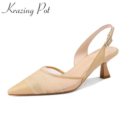 Krazing Pot genuine leather pointed toe high heels air mesh sexy beauty lady dating slingback buckle strap cozy women pumps L70