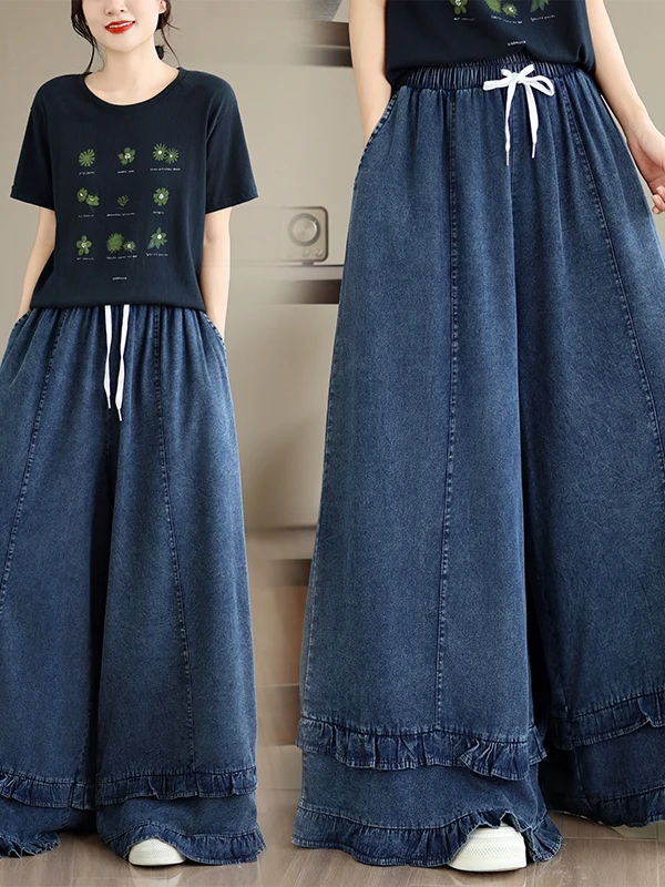 Authentic Summer Autumn Loose Wide Leg Pants Wooden  Ear Casual Pants Water Washed Denim Skirt Pants High Waist Cotton