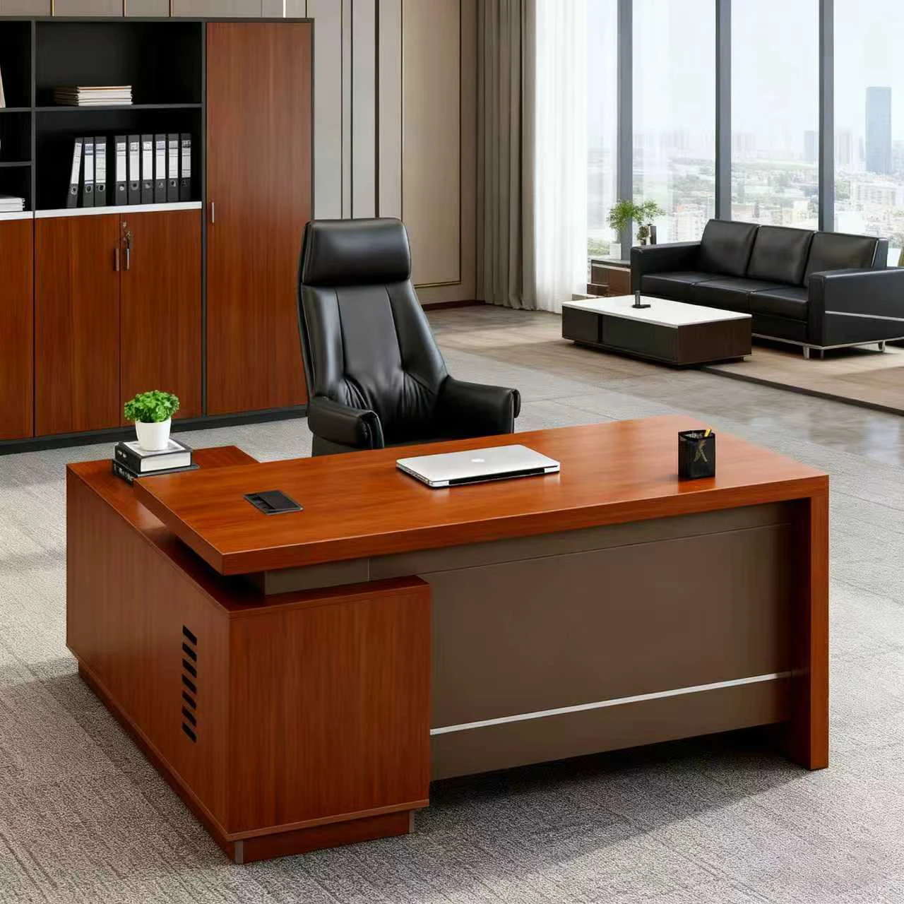

Executive Office Desk Large Wooden Manager Workstation with Storage Cabinet - Modern Office Furniture for Business Office