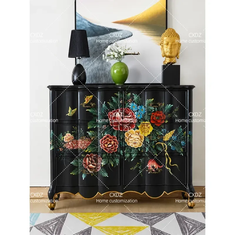 Country Porch Cabinet Chest Bedside Table Locker Storage Cabinet Bedroom Furniture Black Nightstand