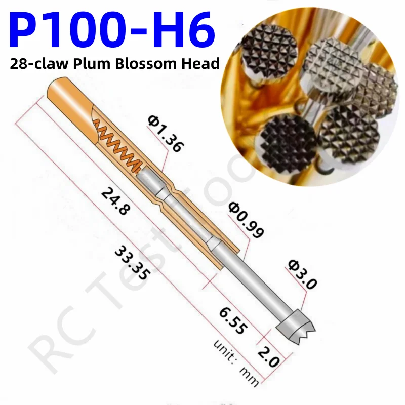 100PCS P100-H6 33.35mm 28-claw Plum Blossom Head Dia 3.0mm Needle Spring Test Probe P100-H Dia 1.36mm Circuit Board Test Tool