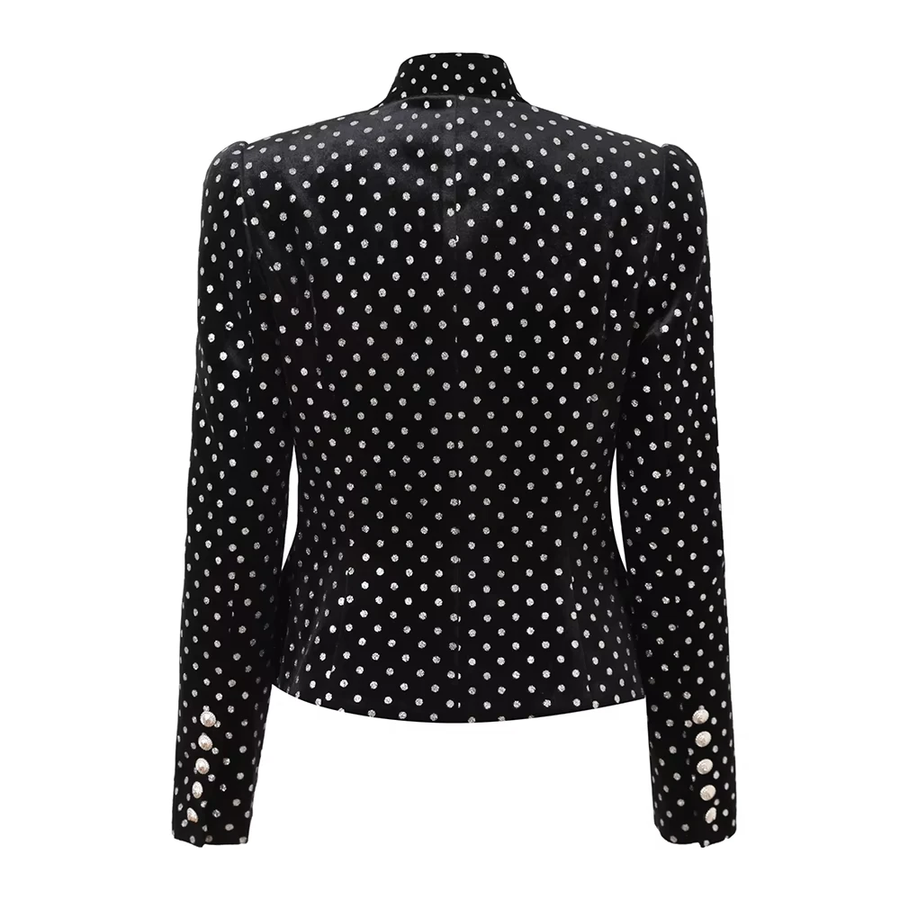 Newest Luxury Design Polka Dot Diamonds Buttons Classic Slim Fitnees Black Velvet Women Blazer