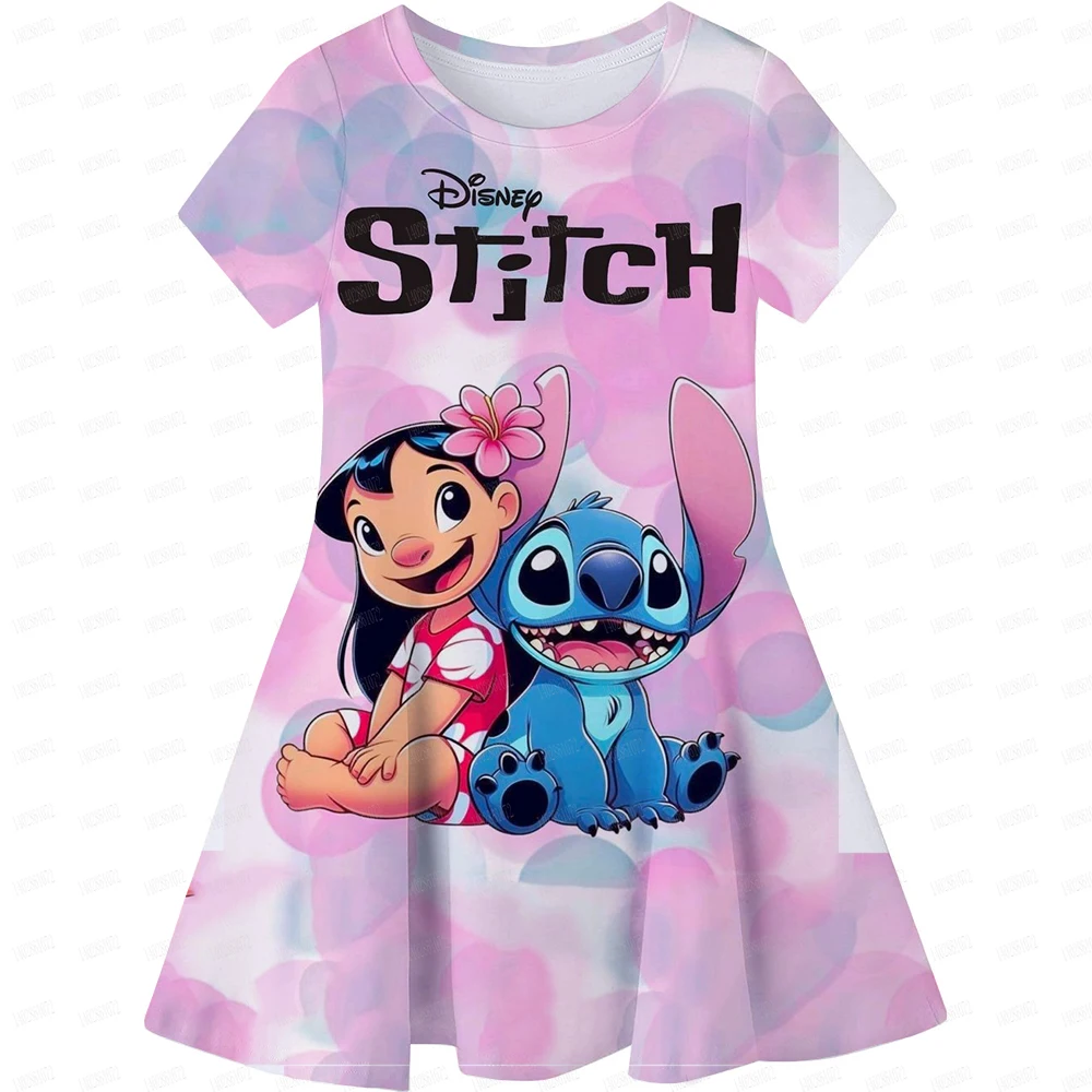 

Cartoon Girls Dress Disney Stitch Pattern Children Clothes Princess Dresses Summer Casual Kids Home Wear Girl Birthday Clothing