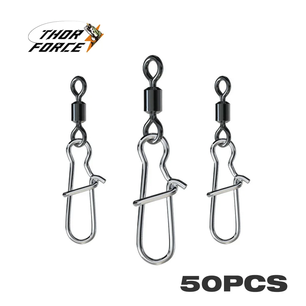 THORFORCE 50Pcs Pike Fishing Accessories Connector Pin Bearing Rolling Swivel Stainless Steel Snap Fishhook Lure Swivels Tackle