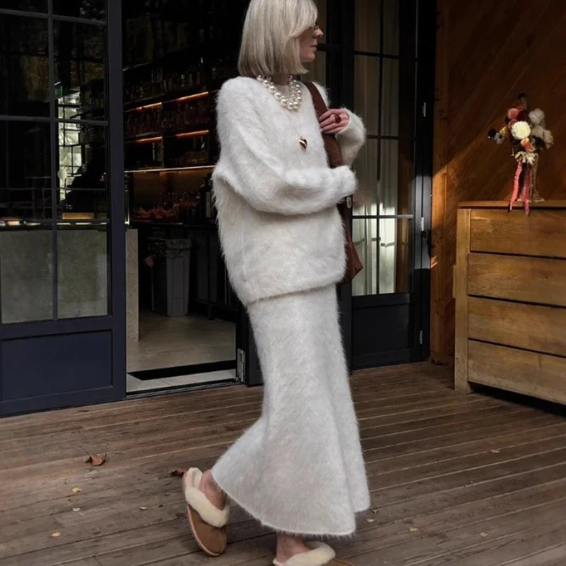 Langarm Pullover Schlank Hohe Taille Rock 2Anzüge Herbst Winter Dame Kleidung TARUXY Gestrickte Oansatz Pullover Set frauen Solide